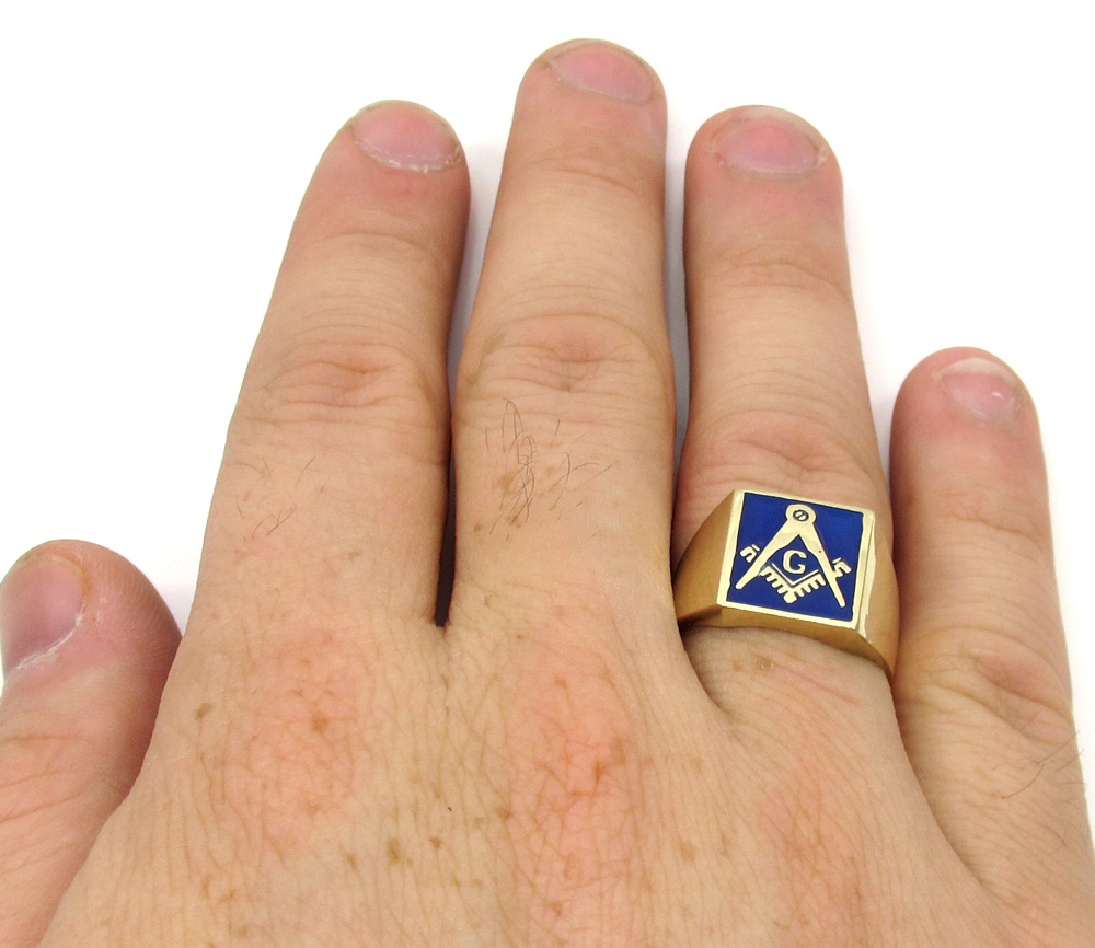 10k yellow gold blue enamel free mason g ring - Image 6