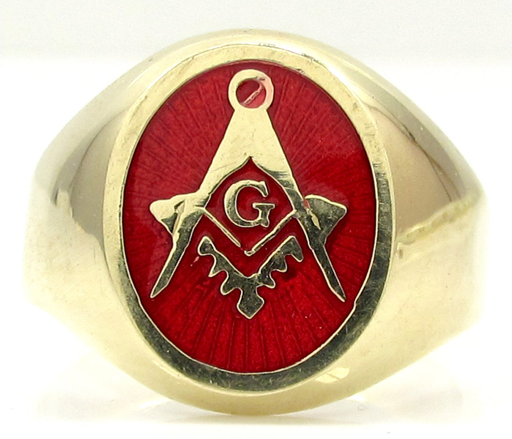 10k yellow gold red enamel free mason g ring - Image 2