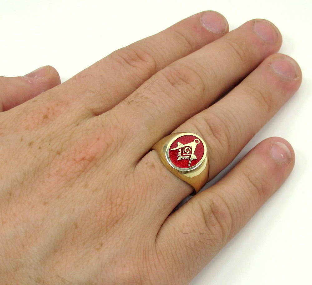 10k yellow gold red enamel free mason g ring - Image 5