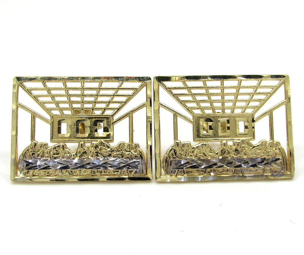 10k yellow gold two tone jesus apostles last supper cage earrings