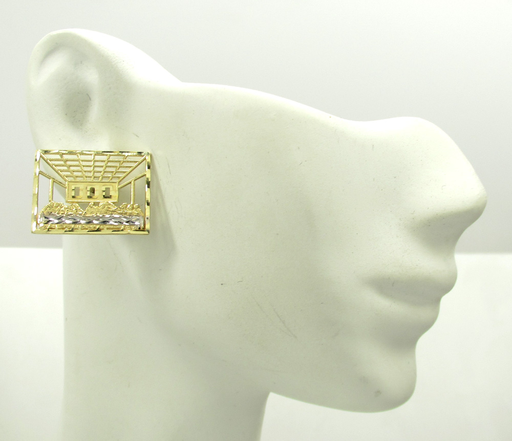 10k yellow gold two tone jesus apostles last supper cage earrings