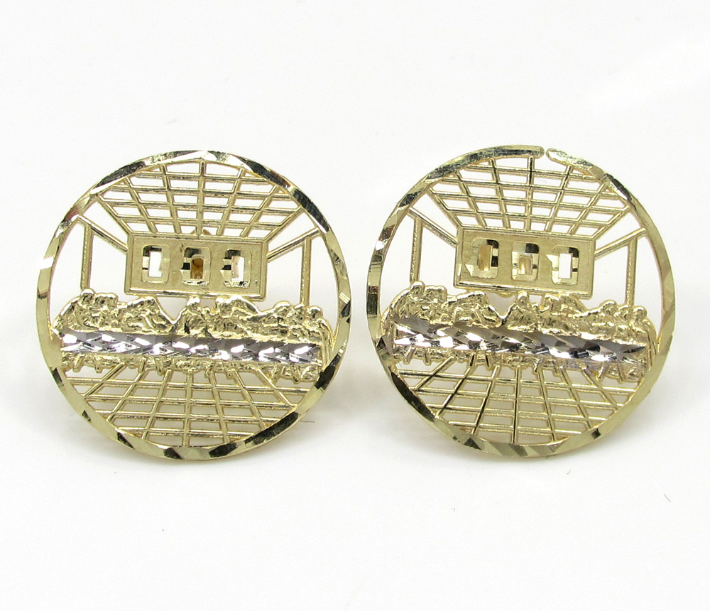 10k yellow gold two tone jesus apostles last supper round cage earrings