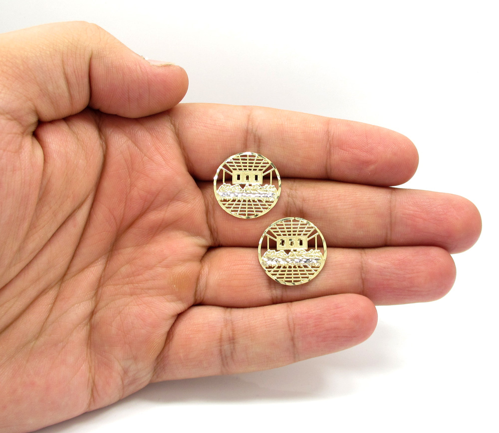 10k yellow gold two tone jesus apostles last supper round cage earrings