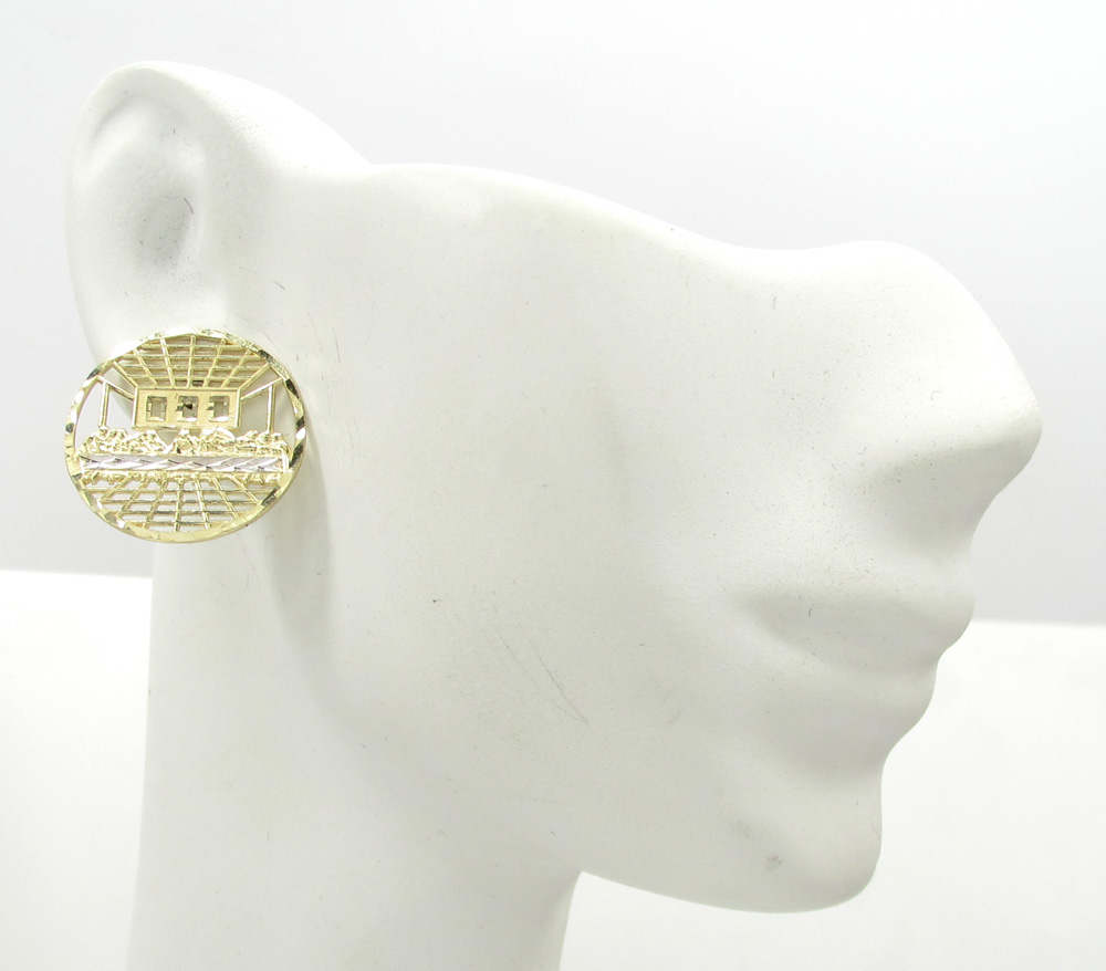 10k yellow gold two tone jesus apostles last supper round cage earrings - Image 5