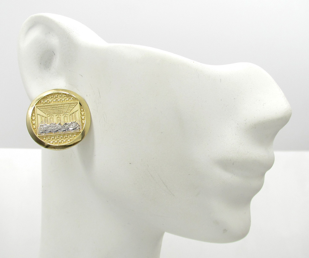 10k yellow gold two tone jesus apostles last supper round earrings - Image 4