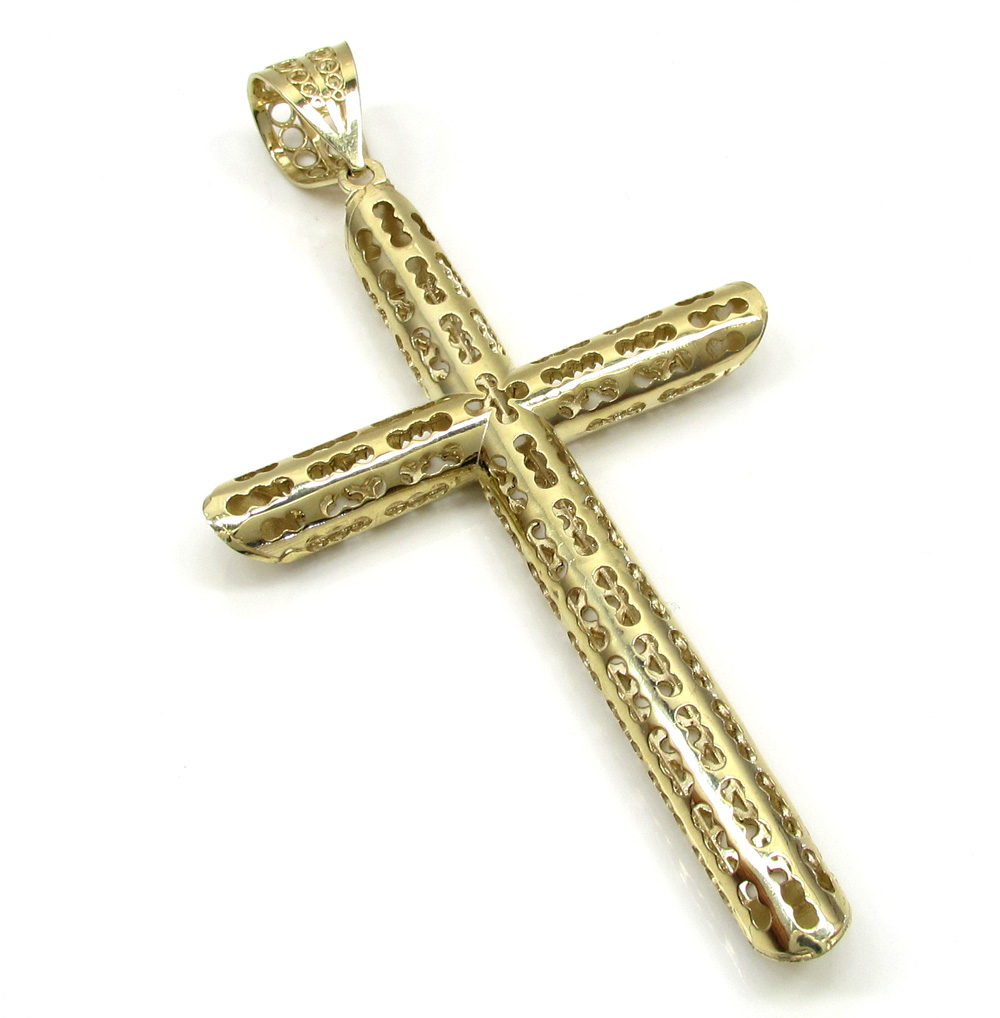 10k yellow gold large carved out hollow tube cross - Image 3