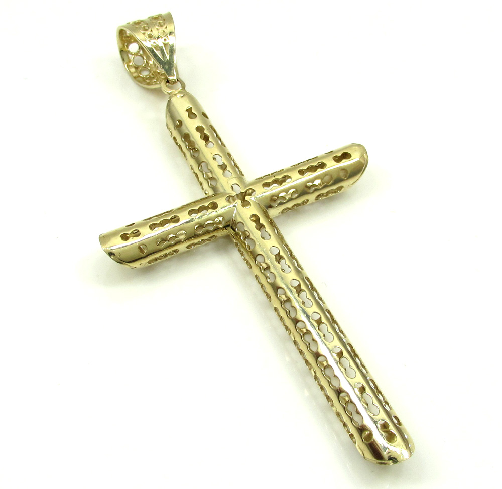 10k yellow gold medium carved out hollow tube cross