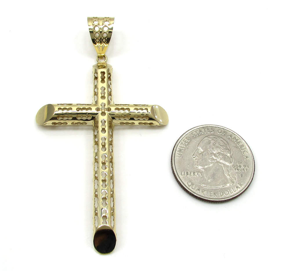 10k yellow gold medium carved out hollow tube cross