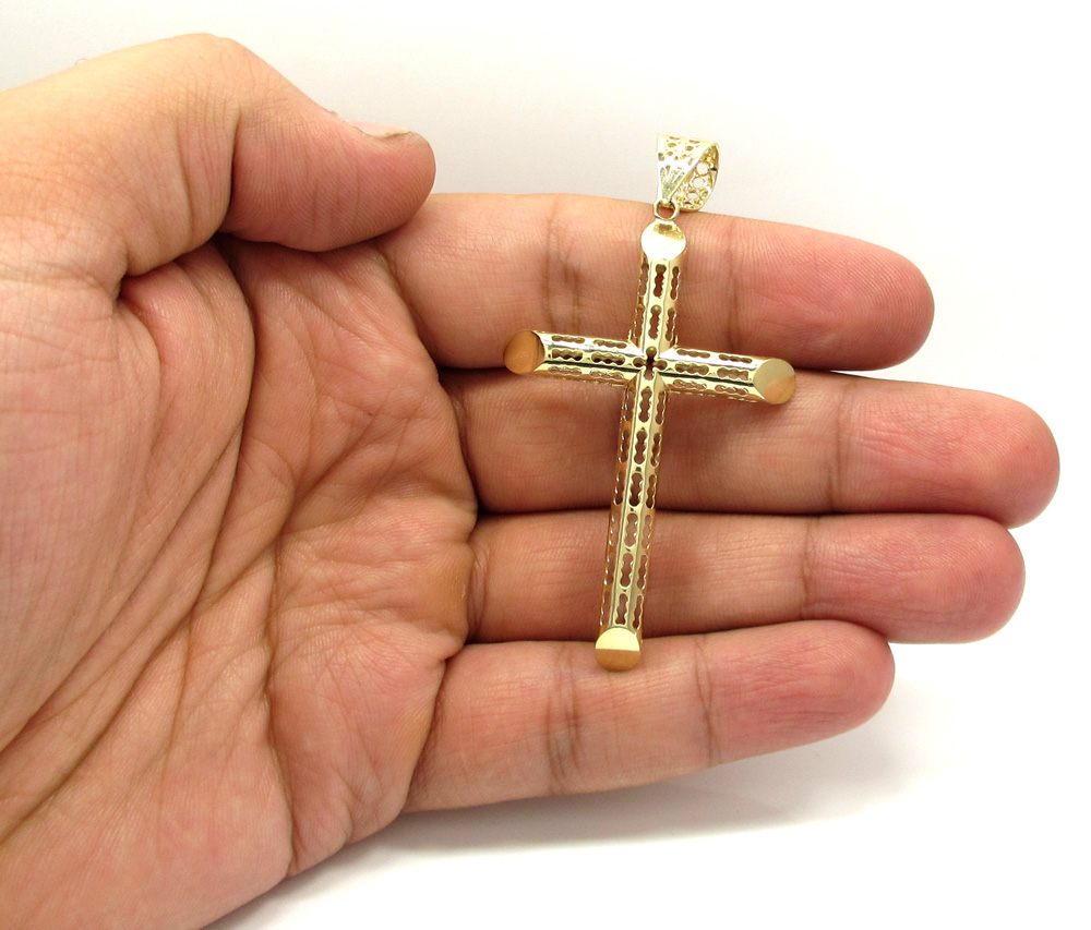 10k yellow gold medium carved out hollow tube cross