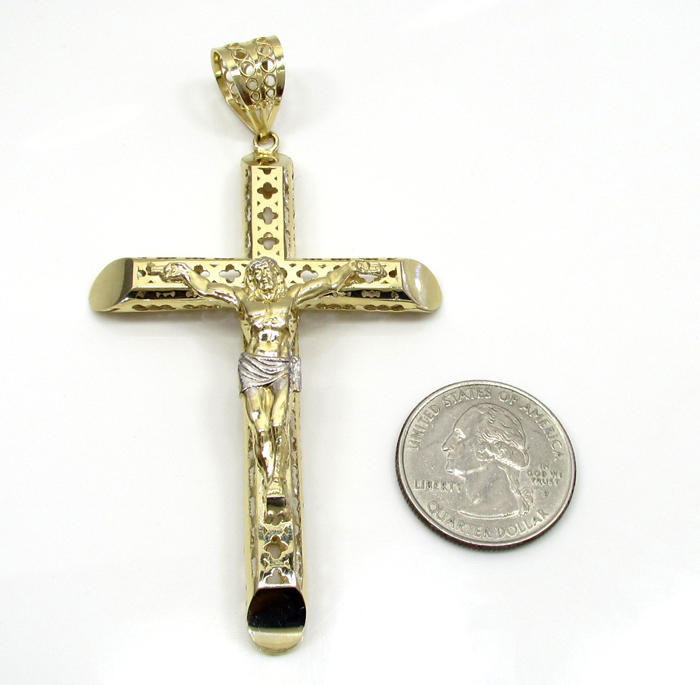 10k yellow gold large carved out hollow tube jesus cross - Image 2
