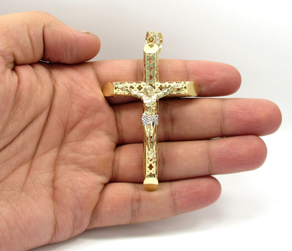 10k yellow gold large carved out hollow tube jesus cross