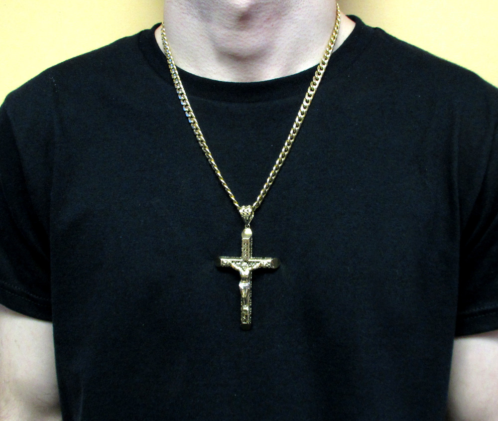 10k yellow gold large carved out hollow tube jesus cross