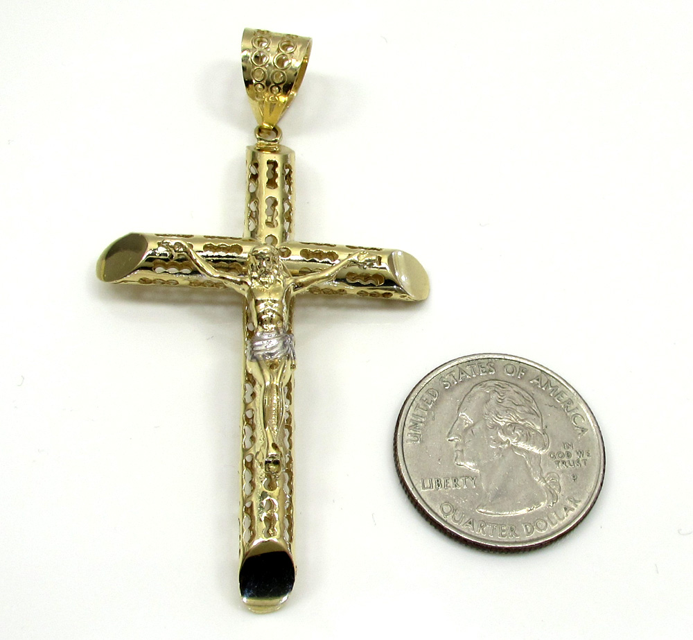 10k yellow gold large carved out hollow tube jesus cross - Image 3