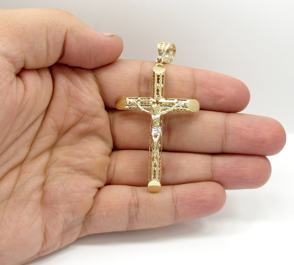 10k yellow gold large carved out hollow tube jesus cross - Image 5