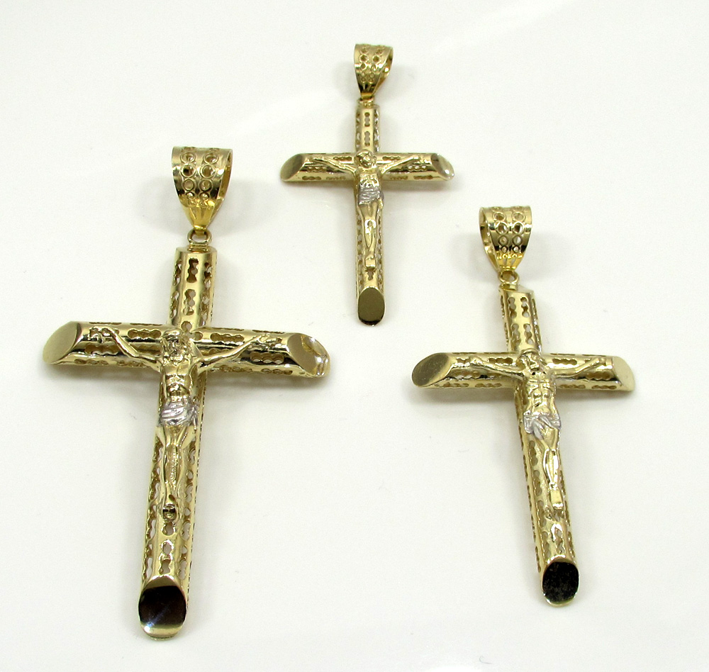 10k yellow gold large carved out hollow tube jesus cross