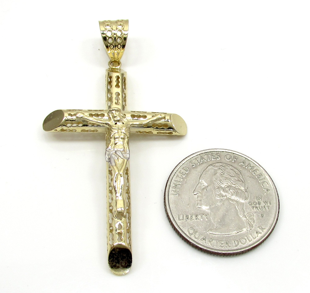 10k yellow gold medium carved out hollow tube jesus cross