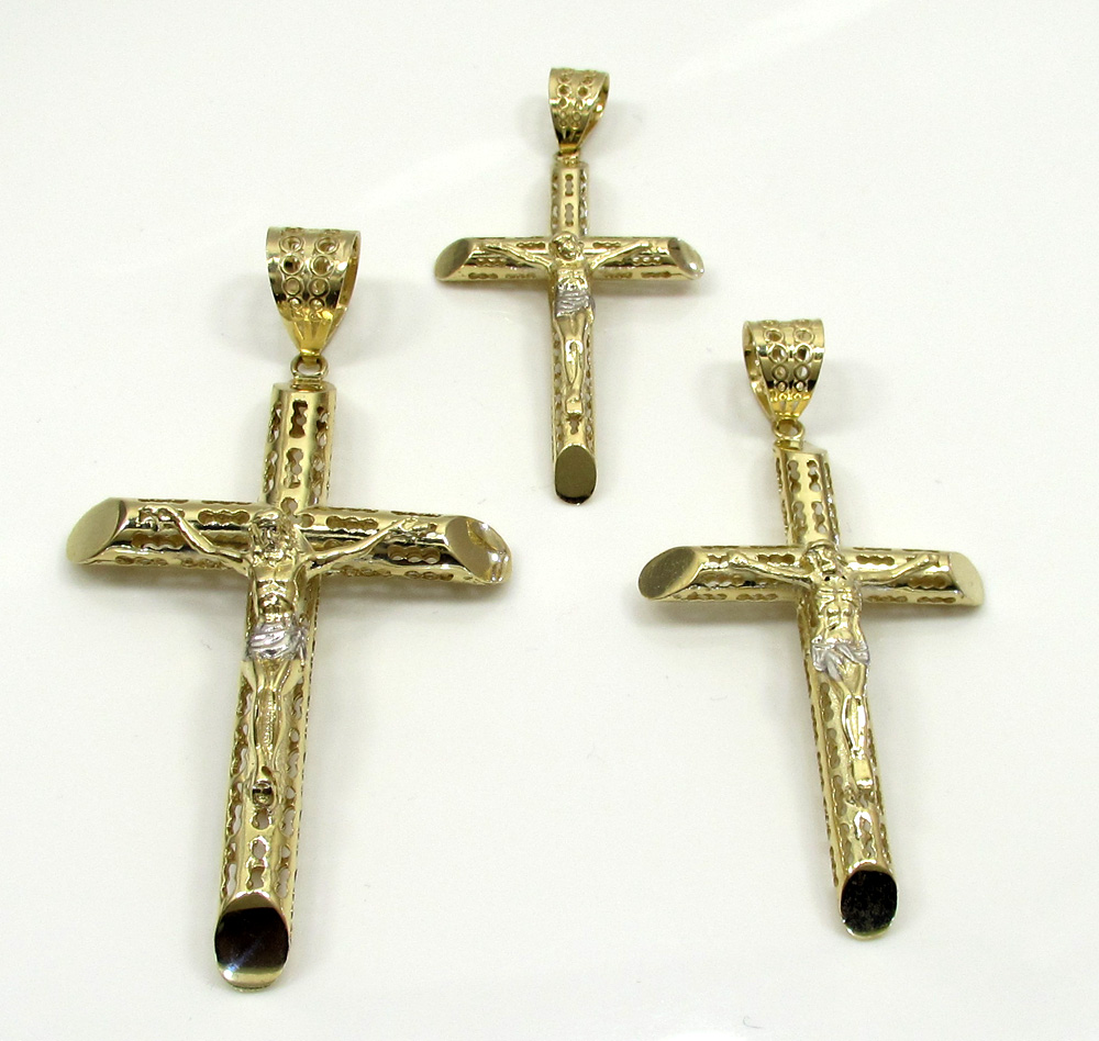 10k yellow gold medium carved out hollow tube jesus cross