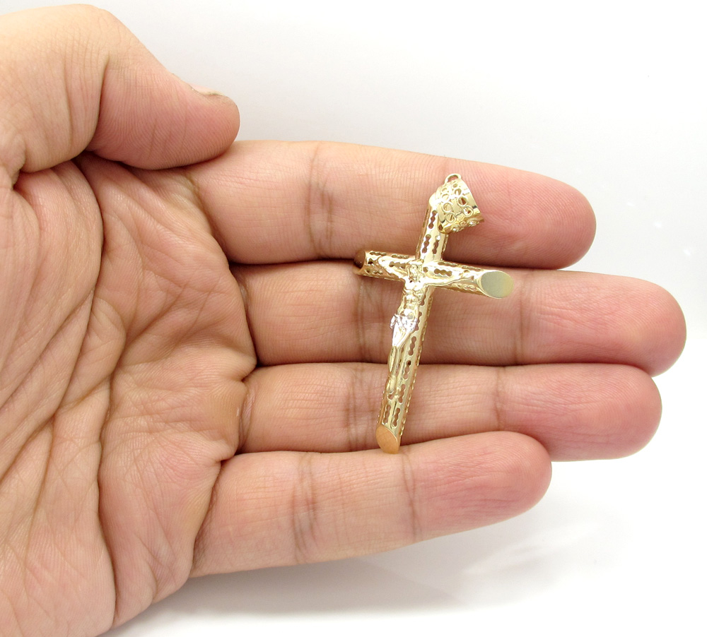 10k yellow gold medium carved out hollow tube jesus cross