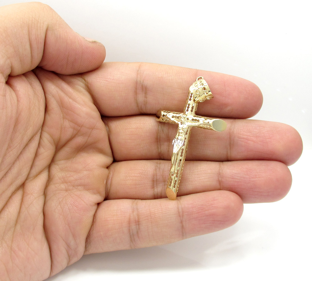 10k yellow gold medium carved out hollow tube jesus cross - Image 6