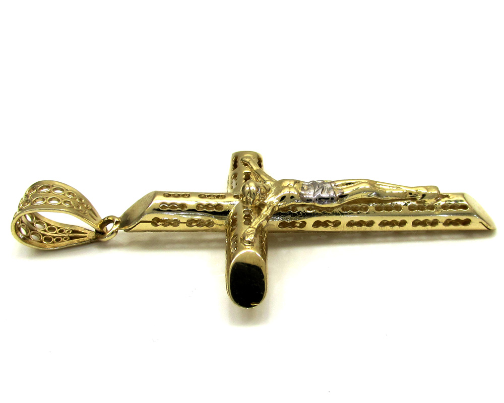 10k yellow gold small carved out hollow tube jesus cross