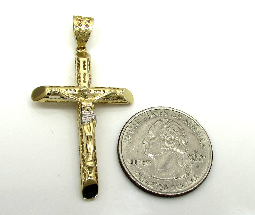 10k yellow gold small carved out hollow tube jesus cross - Image 4