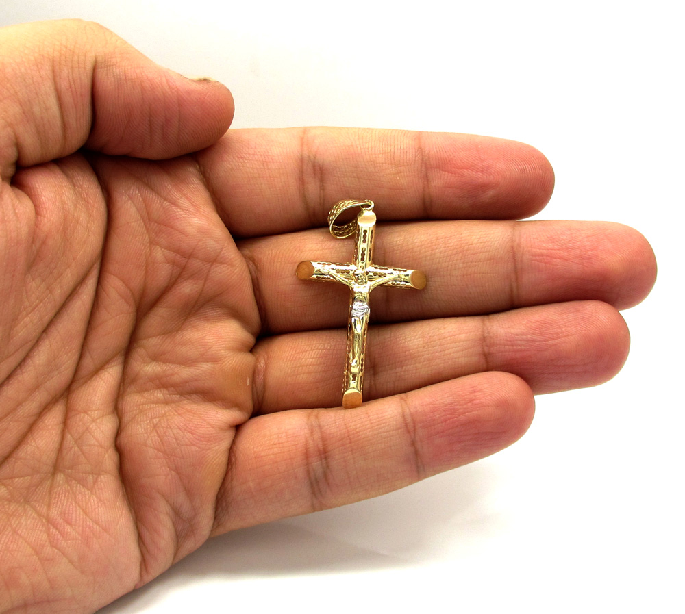 10k yellow gold small carved out hollow tube jesus cross - Image 5