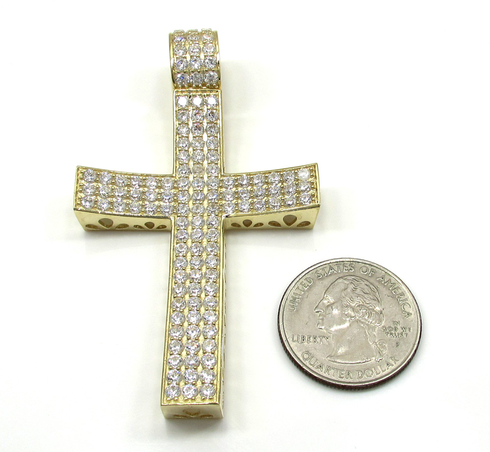 10k yellow gold large cz concave solid frame cross 4.00ct