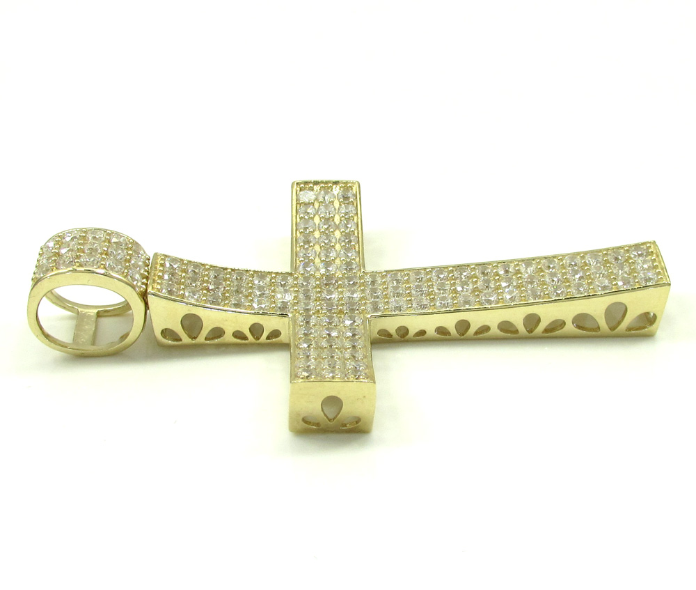 10k yellow gold large cz concave solid frame cross 4.00ct