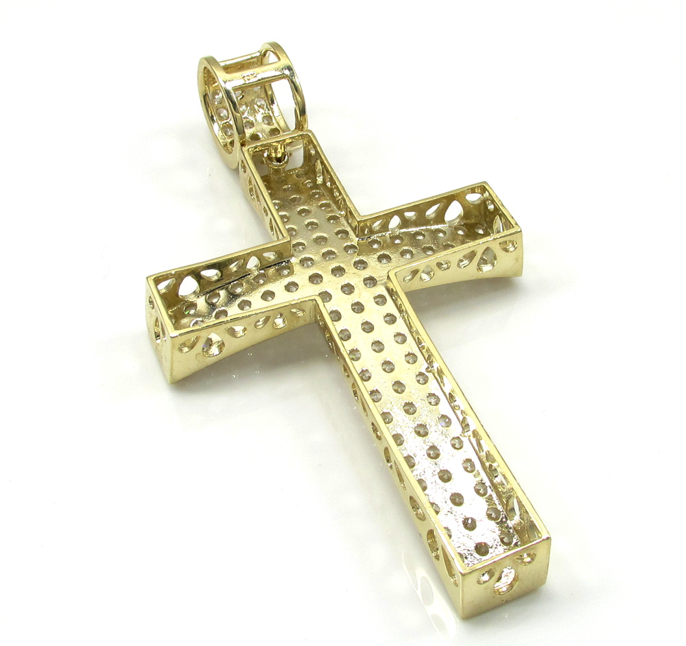 10k yellow gold large cz concave solid frame cross 4.00ct