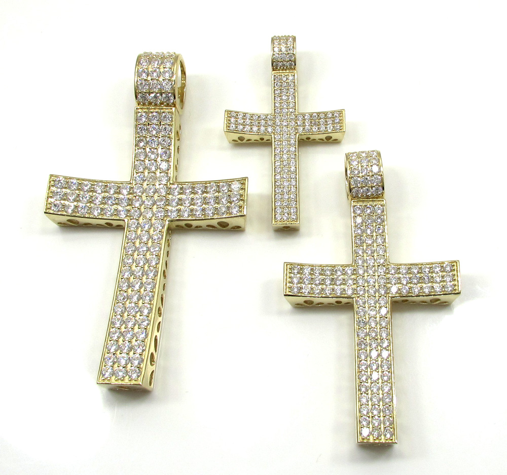 10k yellow gold large cz concave solid frame cross 4.00ct