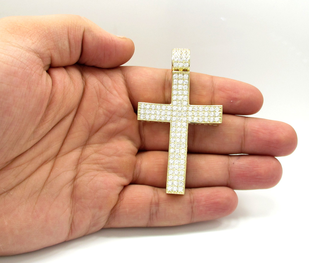 10k yellow gold large cz concave solid frame cross 4.00ct
