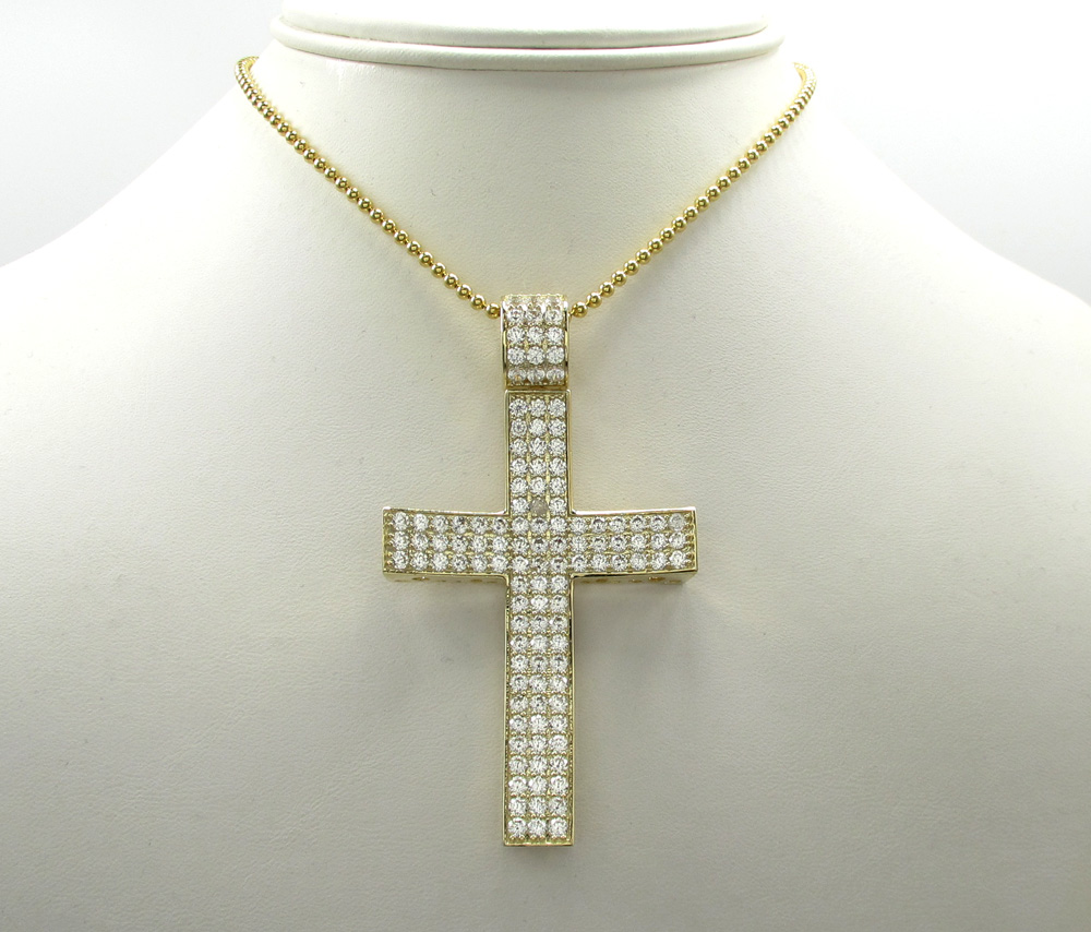 10k yellow gold large cz concave solid frame cross 4.00ct