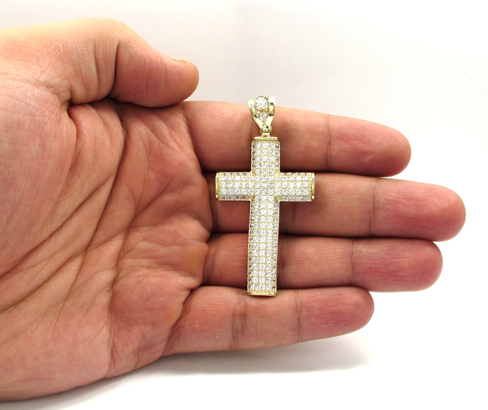 10k yellow gold medium cz solid dome frame cross 3.00ct