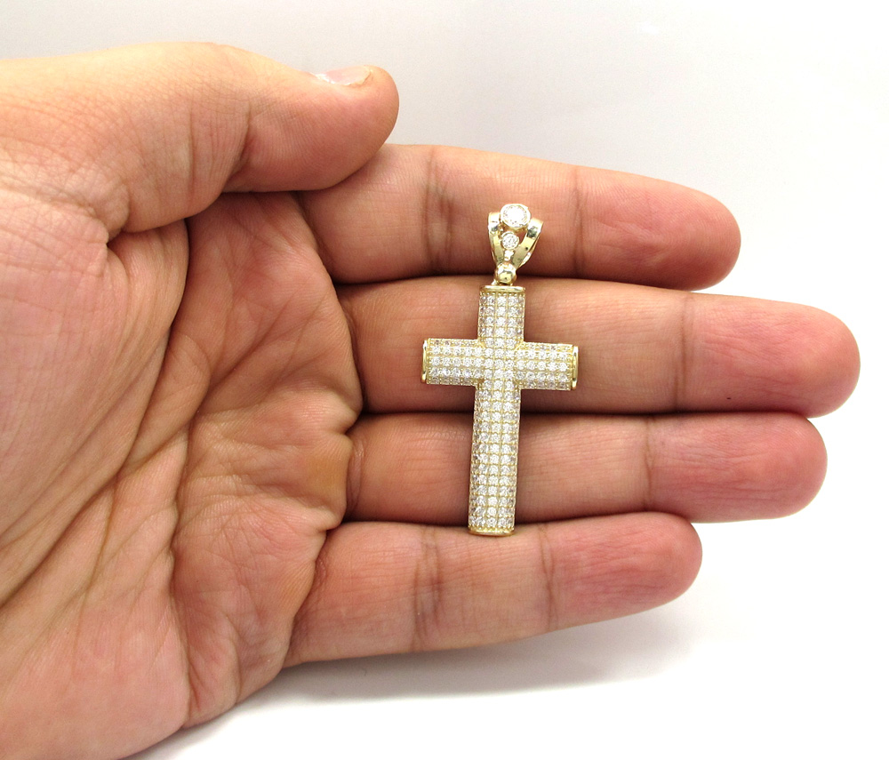 10k yellow gold small cz solid dome frame cross 2.00ct