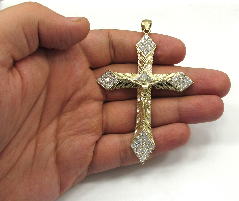 10k yellow gold large diamond cut jesus cross 2.00ct