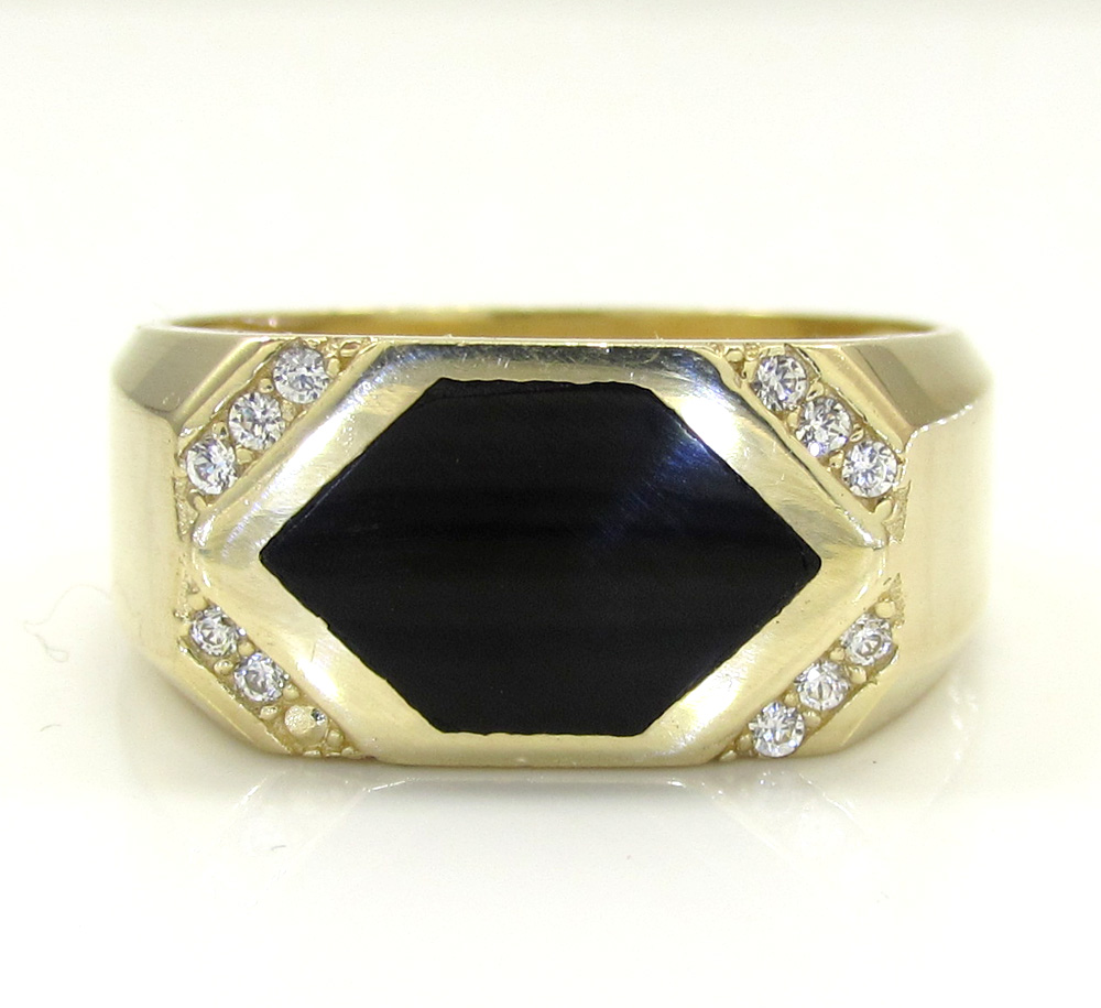 14k yellow gold cz black onyx rectangle ring 0.12ct