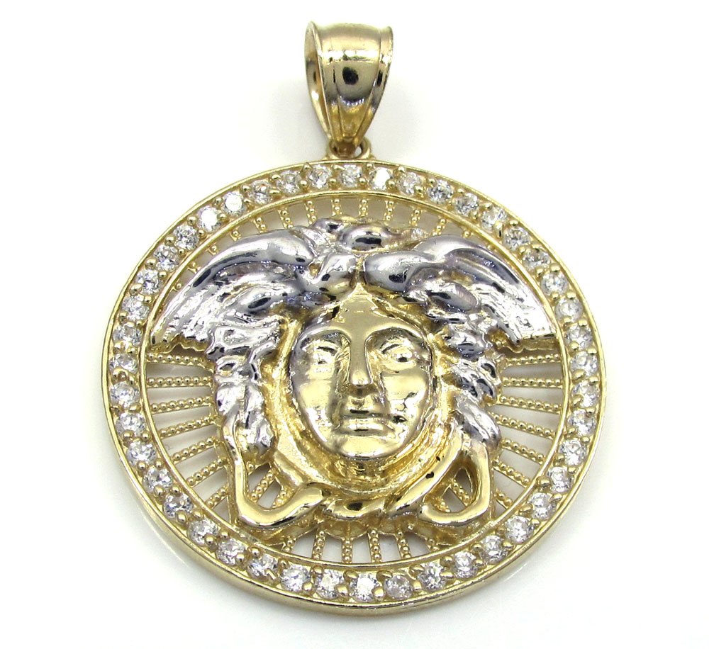 10k yellow gold small halo medusa head cz pendant
