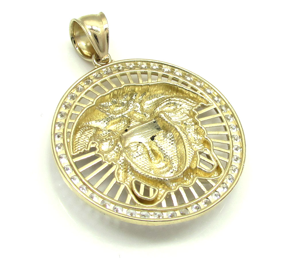 10k yellow gold small halo medusa head cz pendant