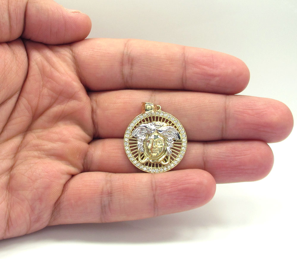 10k yellow gold small halo medusa head cz pendant
