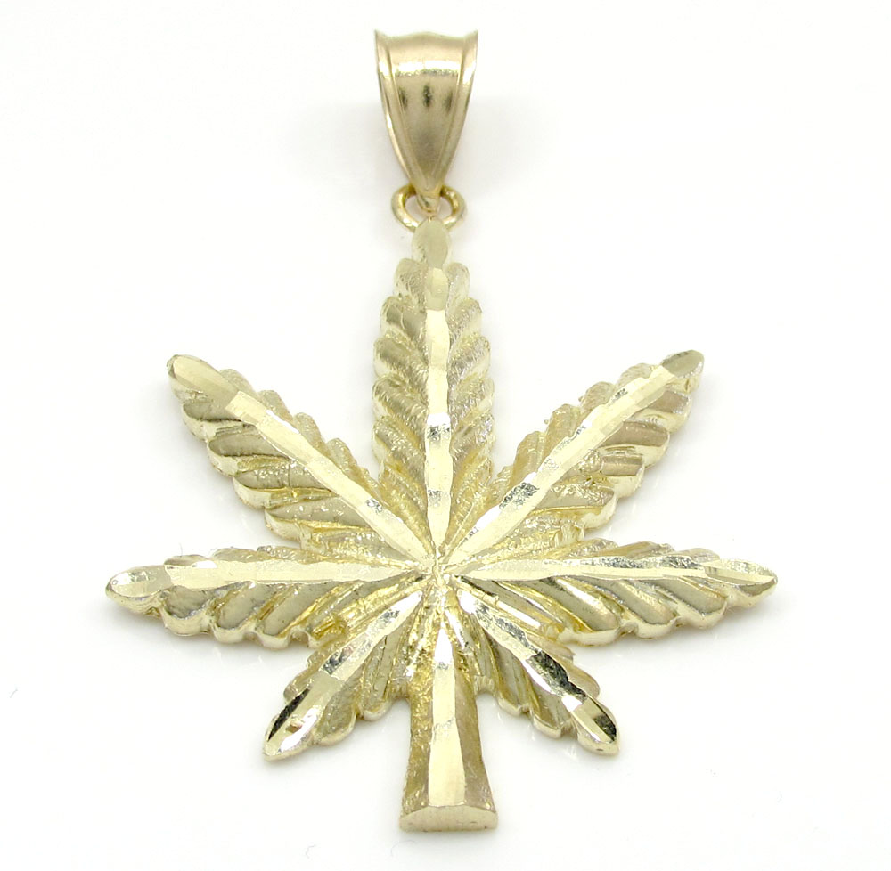 10k solid yellow gold diamond cut weed leaf pendant