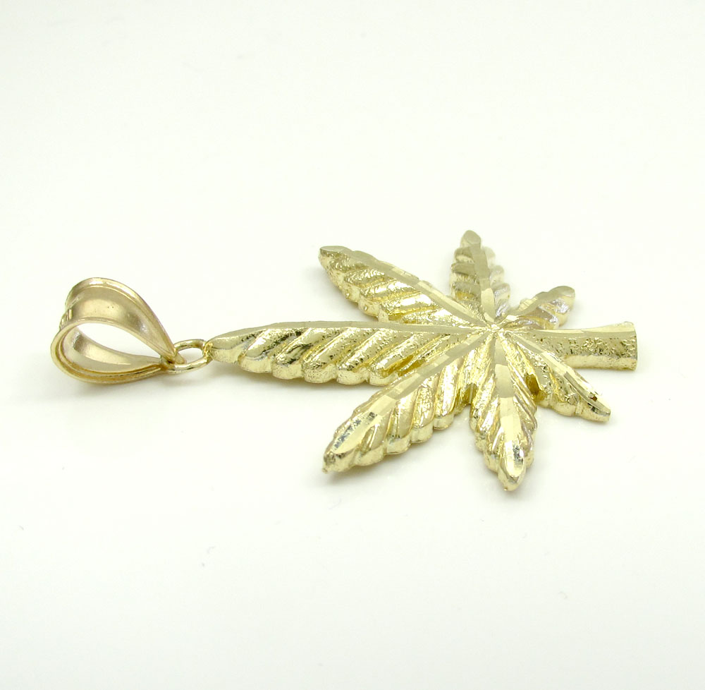 10k solid yellow gold diamond cut weed leaf pendant