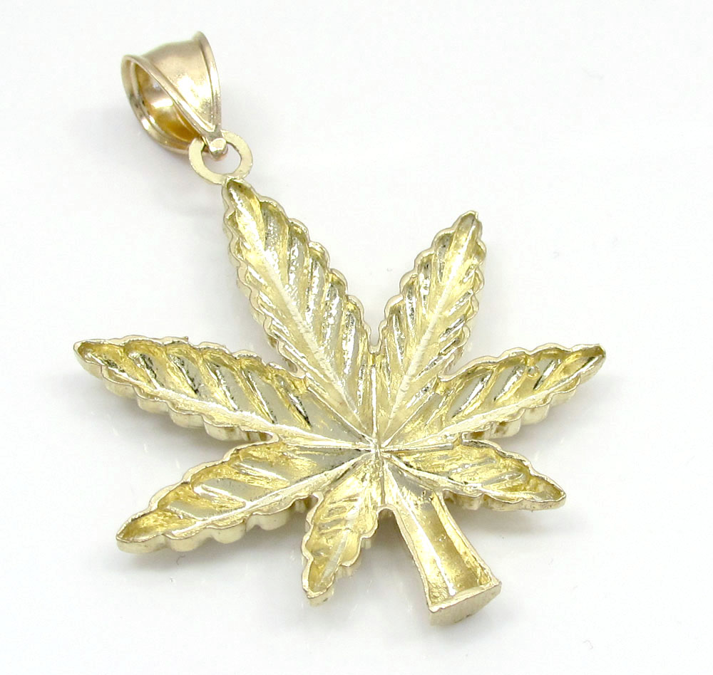10k solid yellow gold diamond cut weed leaf pendant