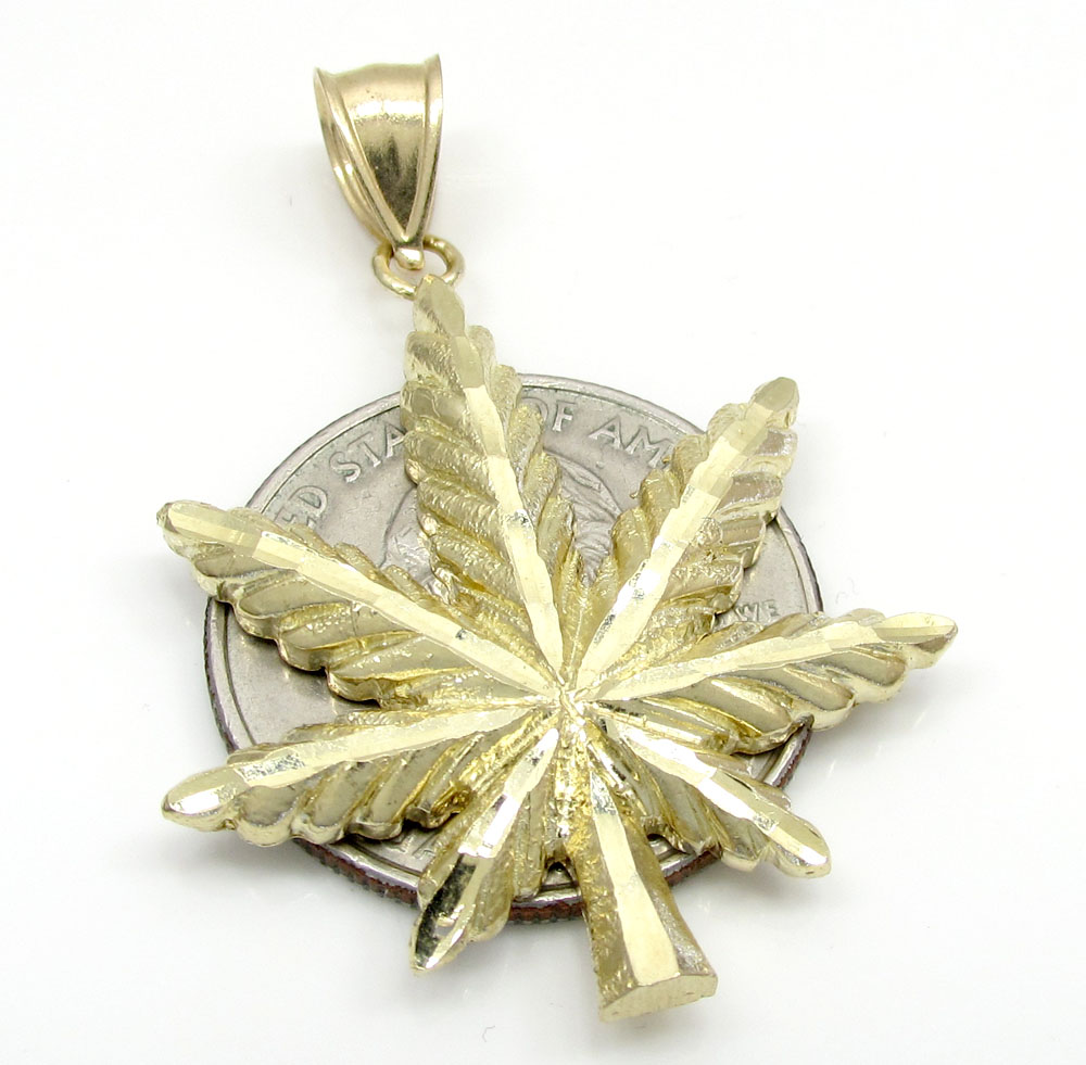 10k solid yellow gold diamond cut weed leaf pendant