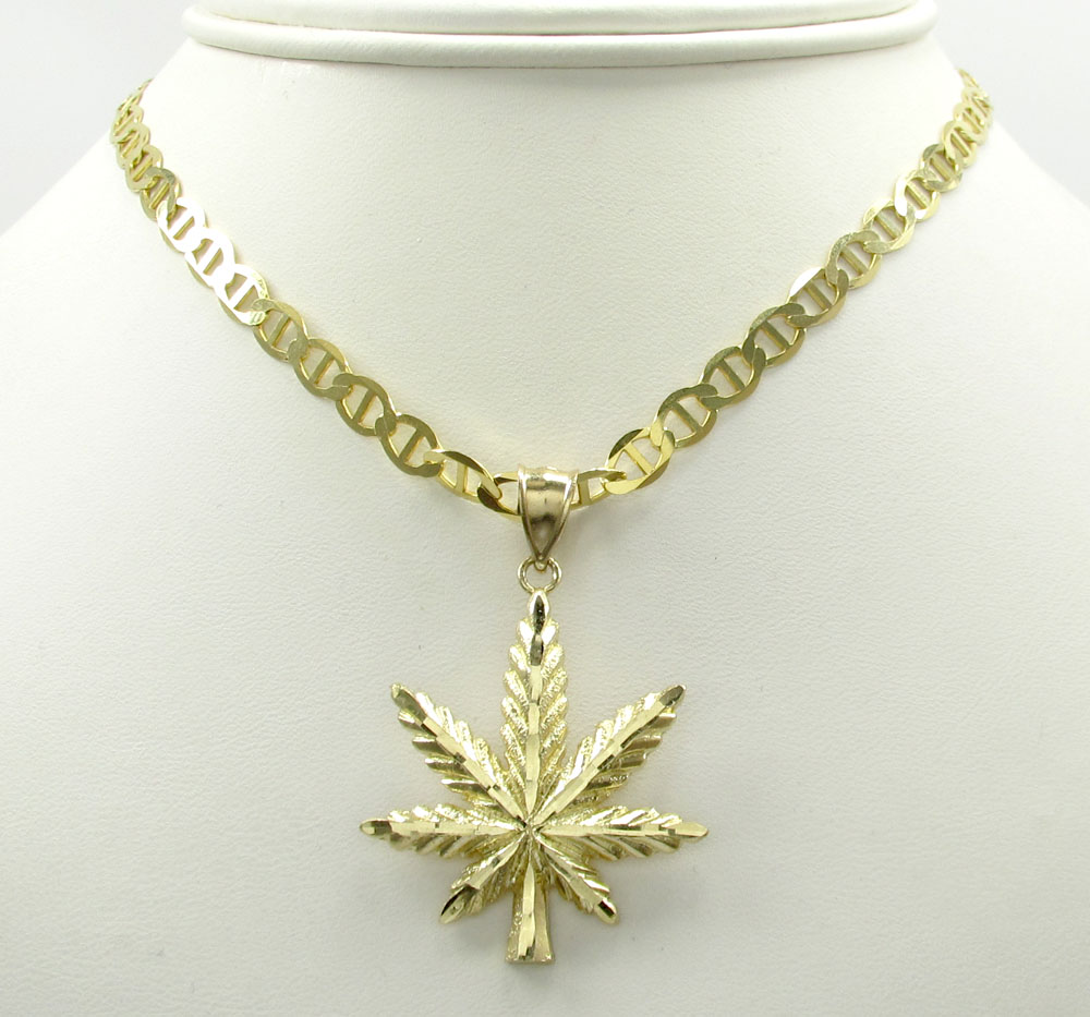 10k solid yellow gold diamond cut weed leaf pendant