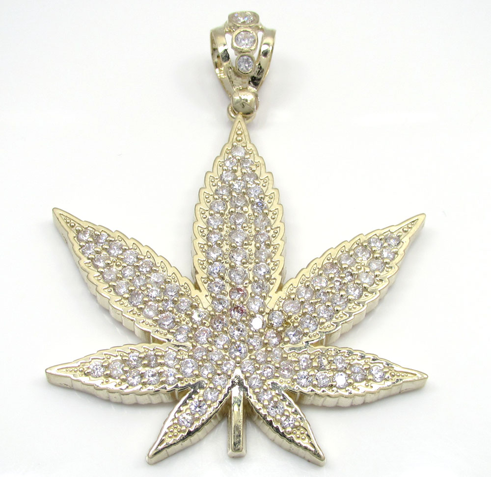 10k solid yellow gold large cz marijuana leaf pendant 3.25ct