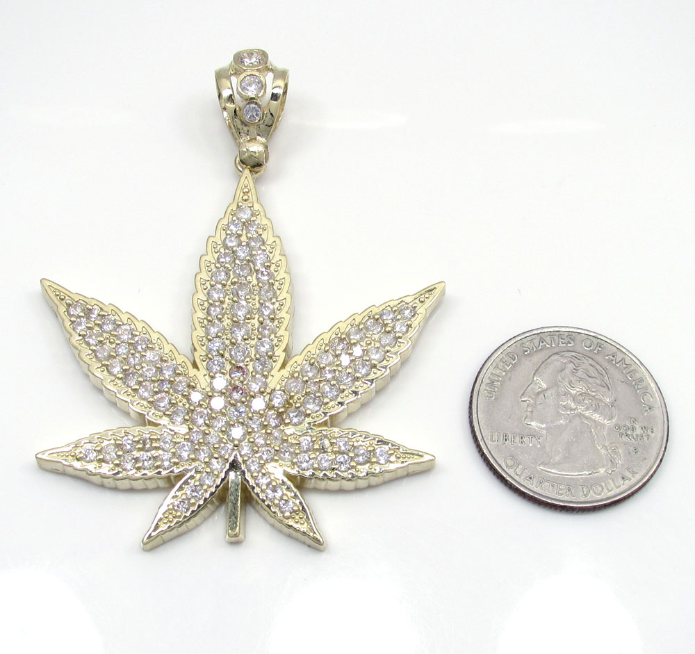10k solid yellow gold large cz marijuana leaf pendant 3.25ct