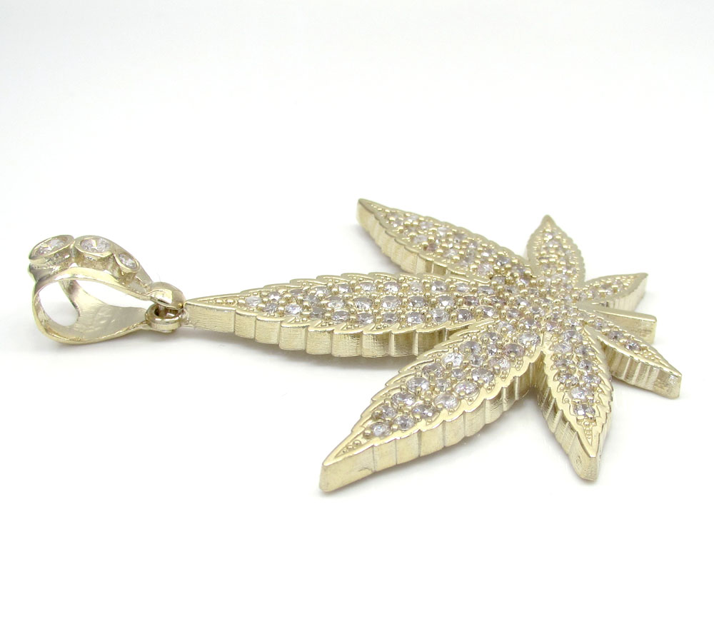 10k solid yellow gold large cz marijuana leaf pendant 3.25ct - Image 4
