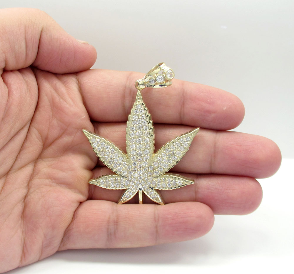 10k solid yellow gold large cz marijuana leaf pendant 3.25ct - Image 6