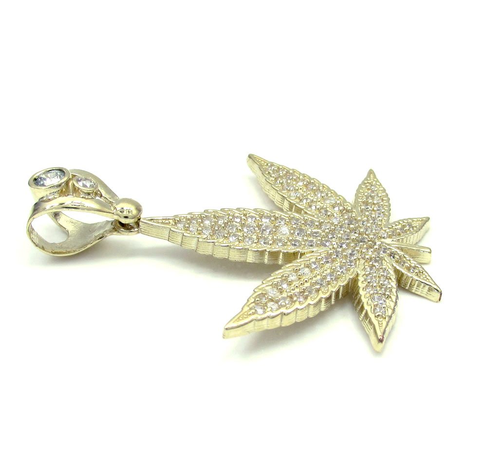 10k solid yellow gold medium cz marijuana leaf pendant 2.75ct