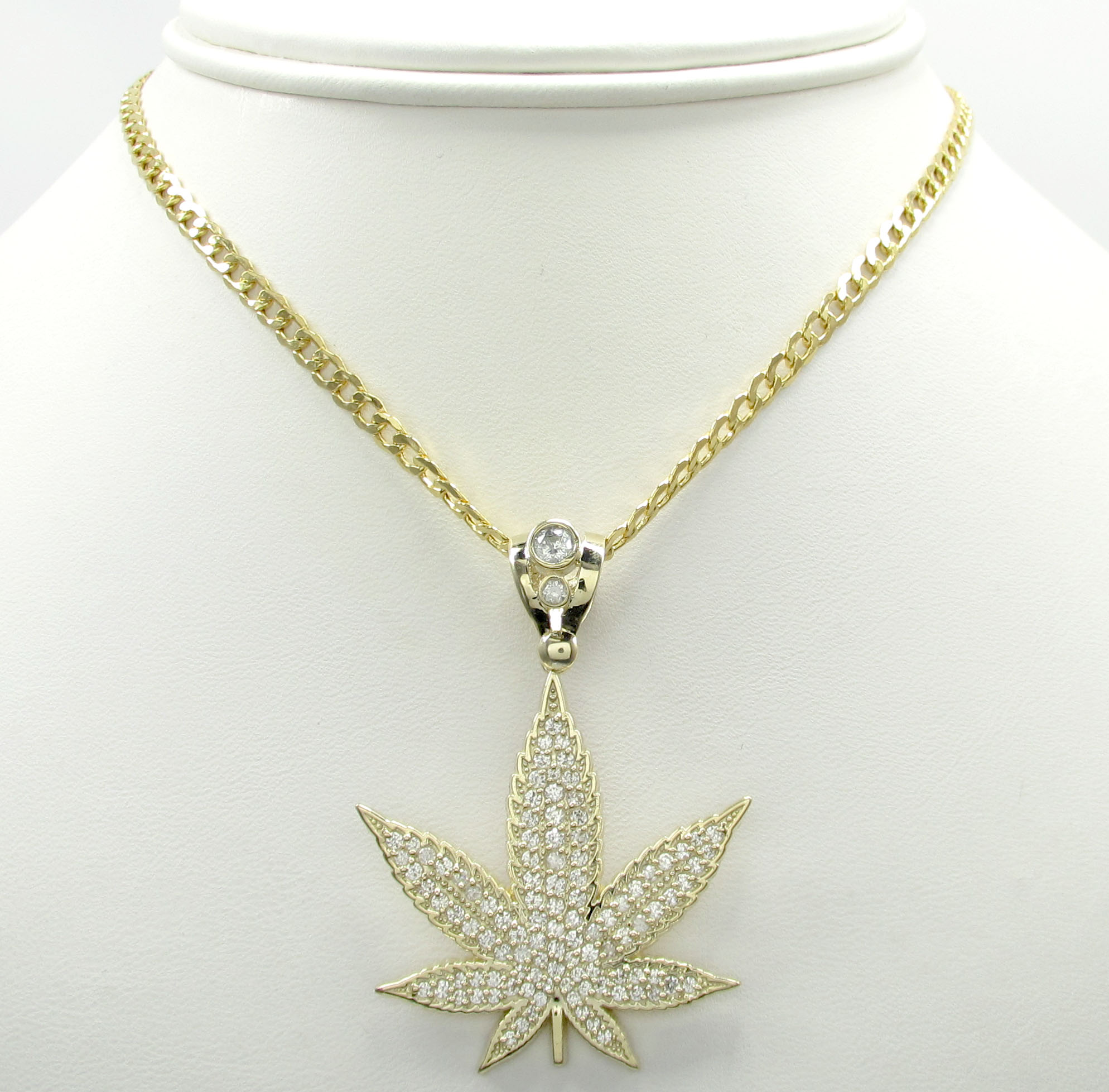 10k solid yellow gold medium cz marijuana leaf pendant 2.75ct